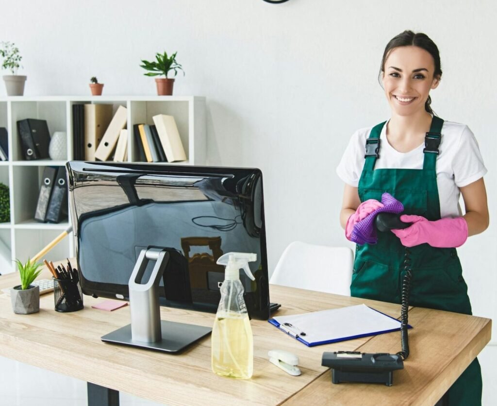 beautiful young professional cleaner smiling at camera while cleaning modern office